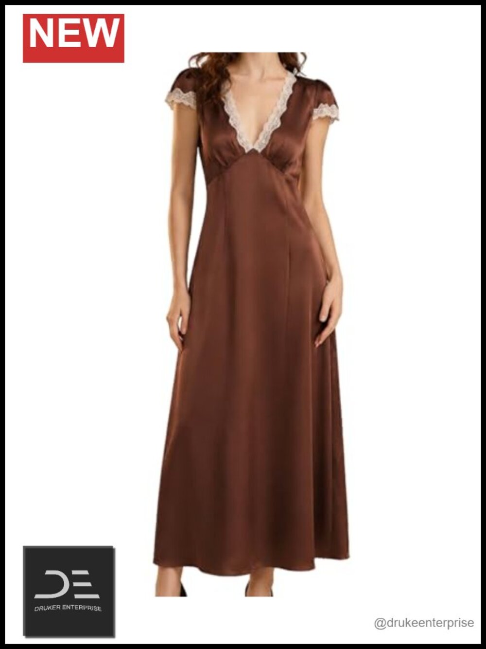 RIHOAS Polka Dots Lace Trim V Neck Short Sleeve Long Dress Casual
